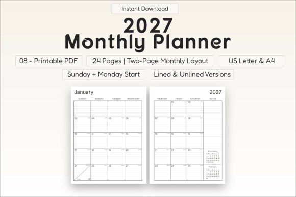 Download 2027 Monthly Planner Printable PDF - Month Collection