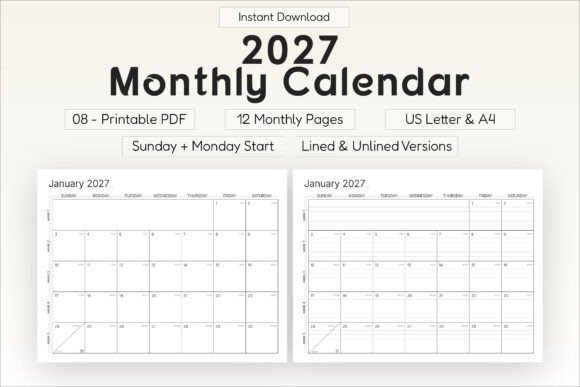 Download 2027 Monthly Calendar Printable - Month Collection